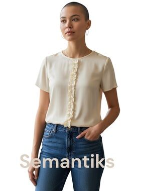 Semantiks Ivory Stretch Silk Short Sleeve Ruffle Front Blouse Top (M)